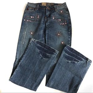 BB Embellished Wide Legs Stretch Blue Jeans Denim Pants 3/4